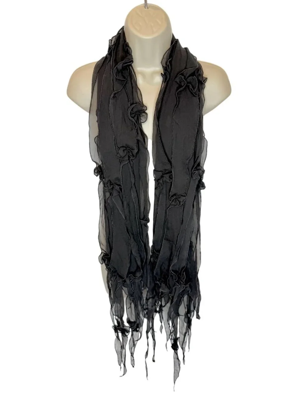 Emporio Armani Silk Scarf Black Y2K Ruffles Floral Rosette Evening Wrap - One Si